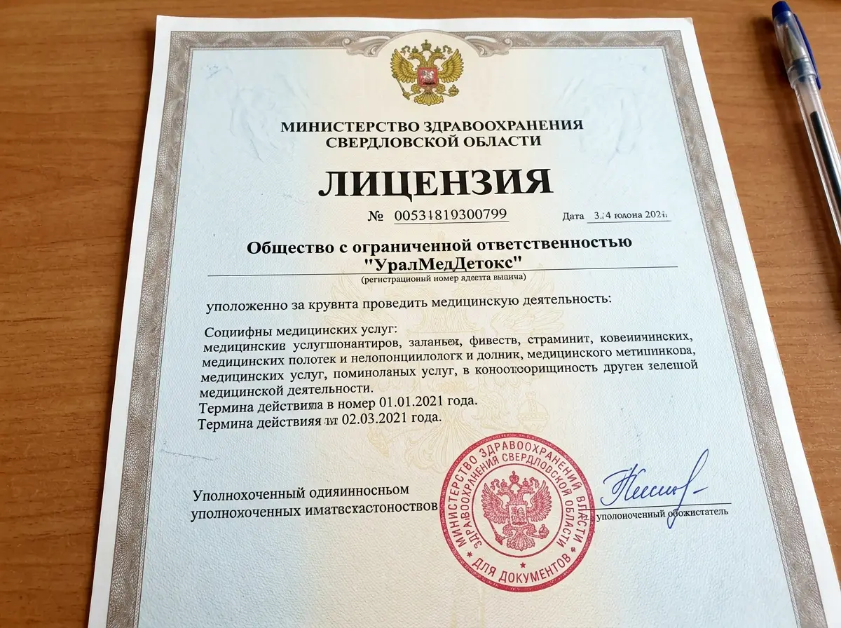 Лицензия на медицинскую деятельность клиники УралМедДетокс, официальный бланк с печатью Министерства здравоохранения Свердловской области