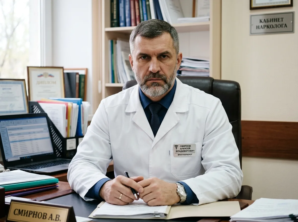 Портрет врача-нарколога Смирнова Алексея Владимировича, мужчина 45 лет в белом медицинском халате, строгий и профессиональный вид